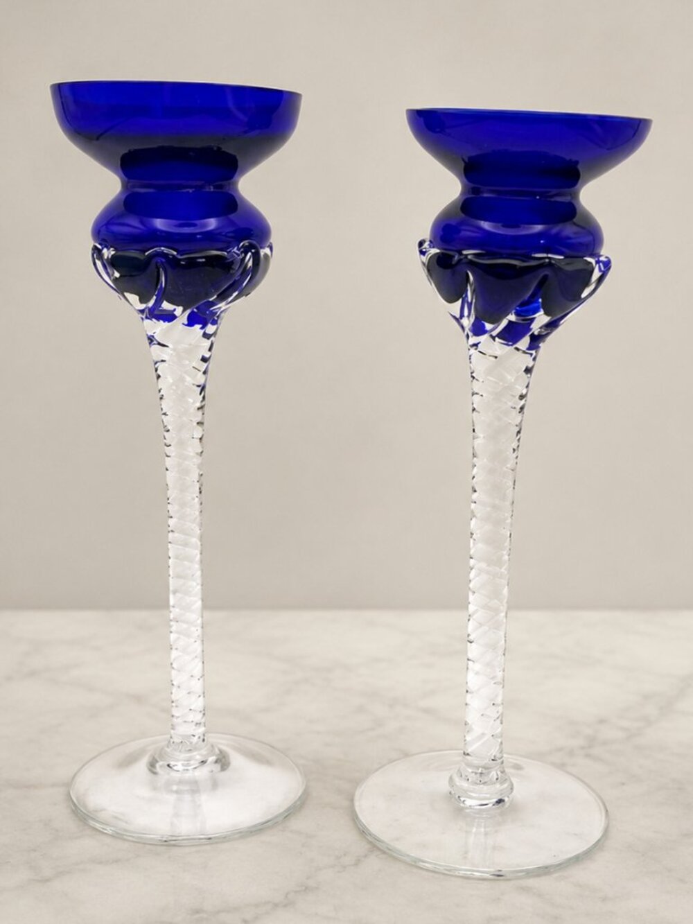 Vintage Romanian Hand Blown Art Glass Cobalt Blue Twist Stem Candle Holders Pair